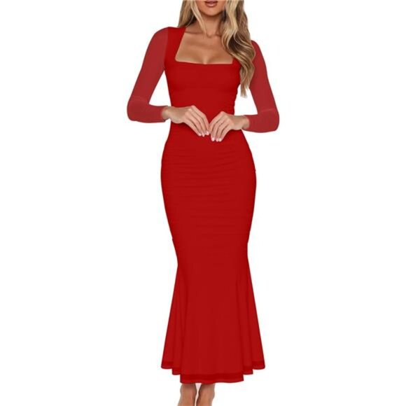 Women's Bodycon Long Sleeve Maxi Dress Red - Picture 1 of 5